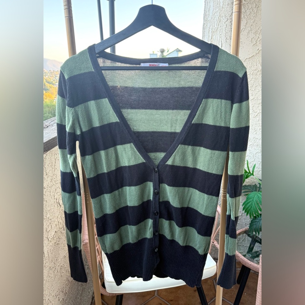 BONGO Black and Green Striped Cardigan